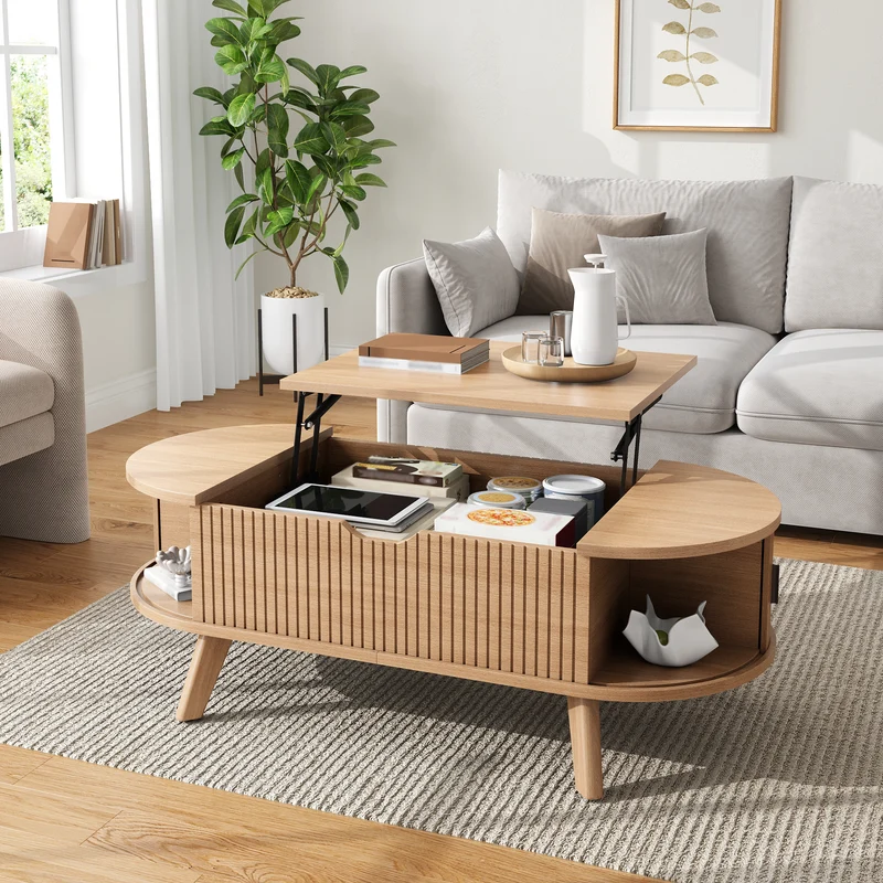 Table basse relevable effet bois, rangements à portes coulissantes 110cm ALPINEARMOIRE