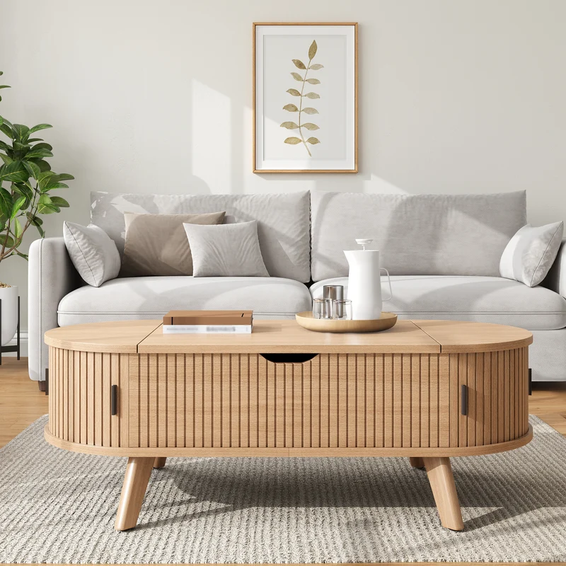 Table basse relevable effet bois, rangements à portes coulissantes 110cm ALPINEARMOIRE