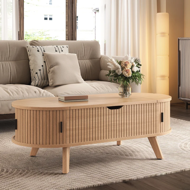 Table basse relevable effet bois, rangements à portes coulissantes 110cm ALPINEARMOIRE