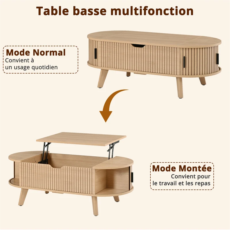 Table basse relevable effet bois, rangements à portes coulissantes 110cm ALPINEARMOIRE