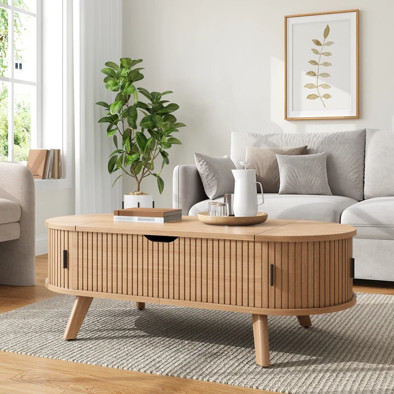 Table basse relevable effet bois, rangements à portes coulissantes 110cm ALPINEARMOIRE