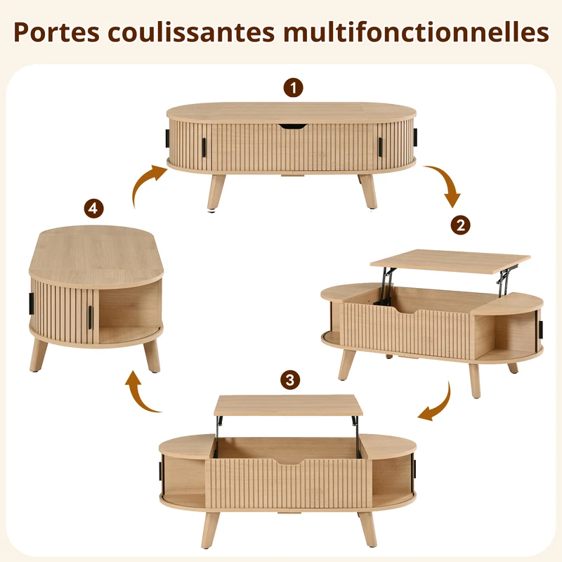 Table basse relevable effet bois, rangements à portes coulissantes 110cm ALPINEARMOIRE