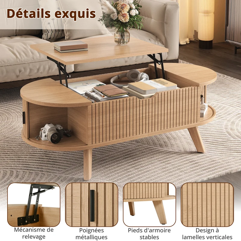Table basse relevable effet bois, rangements à portes coulissantes 110cm ALPINEARMOIRE
