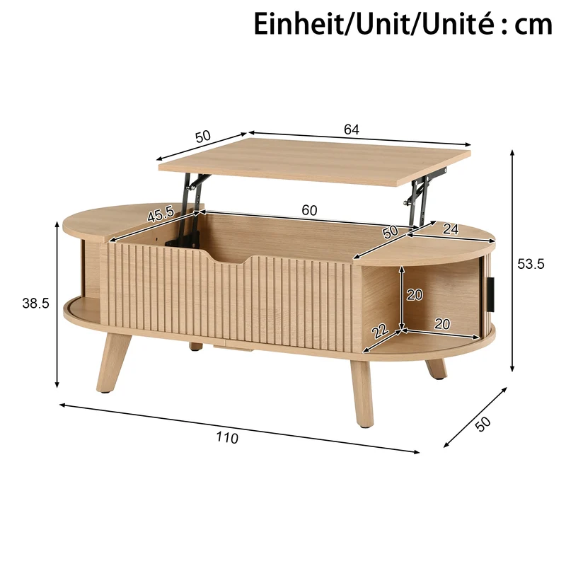 Table basse relevable effet bois, rangements à portes coulissantes 110cm ALPINEARMOIRE