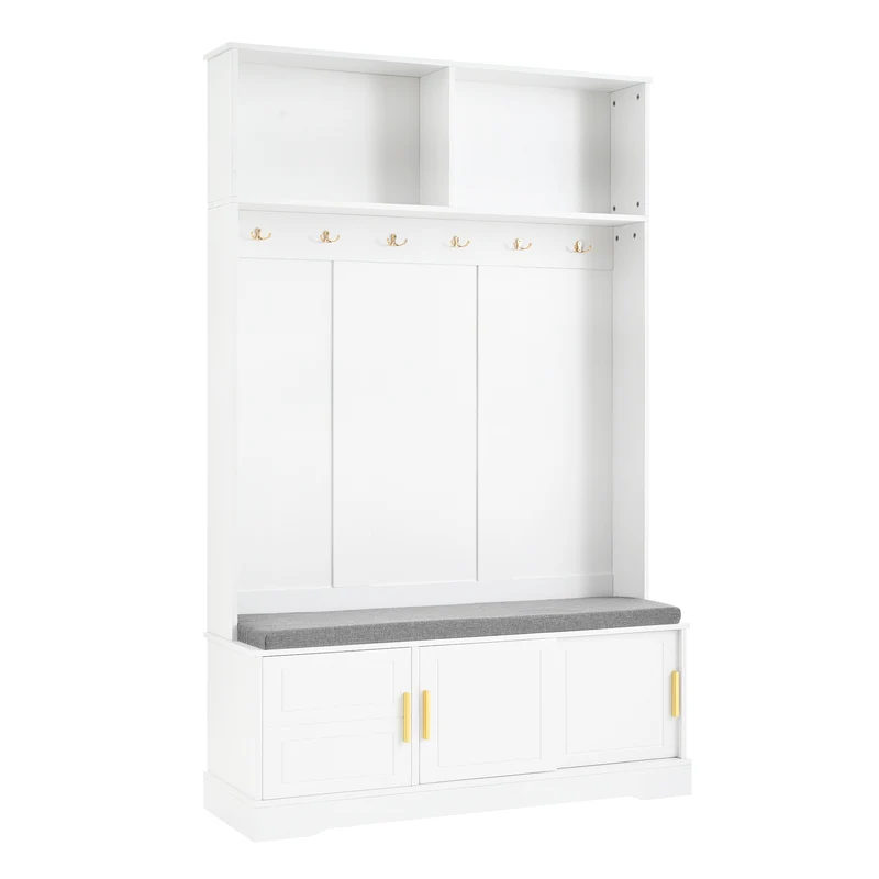 Vestiaire d’entrée blanc, porte-manteaux avec banc à chaussures 120x40x191cm