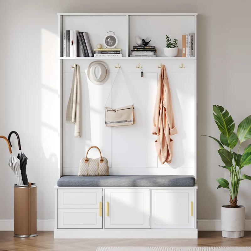 Vestiaire d’entrée blanc, porte-manteaux avec banc à chaussures 120x40x191cm