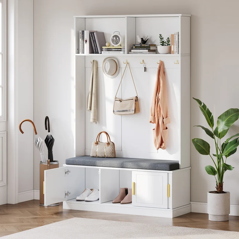 Vestiaire d’entrée blanc, porte-manteaux avec banc à chaussures 120x40x191cm