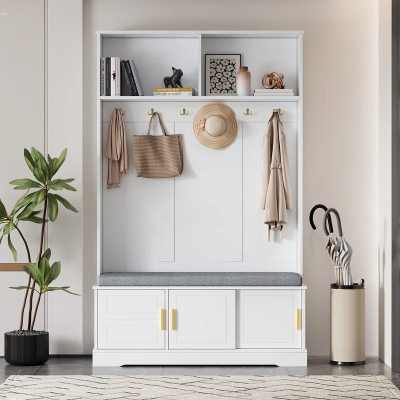 Vestiaire d’entrée blanc, porte-manteaux avec banc à chaussures 120x40x191cm