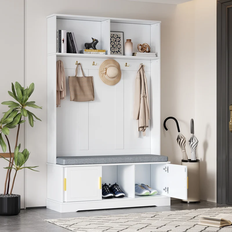 Vestiaire d’entrée blanc, porte-manteaux avec banc à chaussures 120x40x191cm