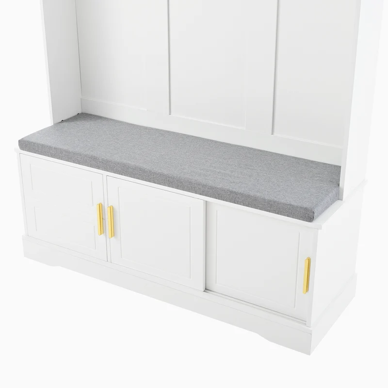 Vestiaire d’entrée blanc, porte-manteaux avec banc à chaussures 120x40x191cm