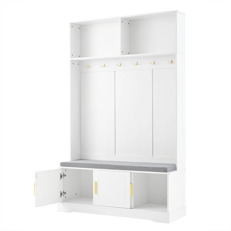Vestiaire d’entrée blanc, porte-manteaux avec banc à chaussures 120x40x191cm