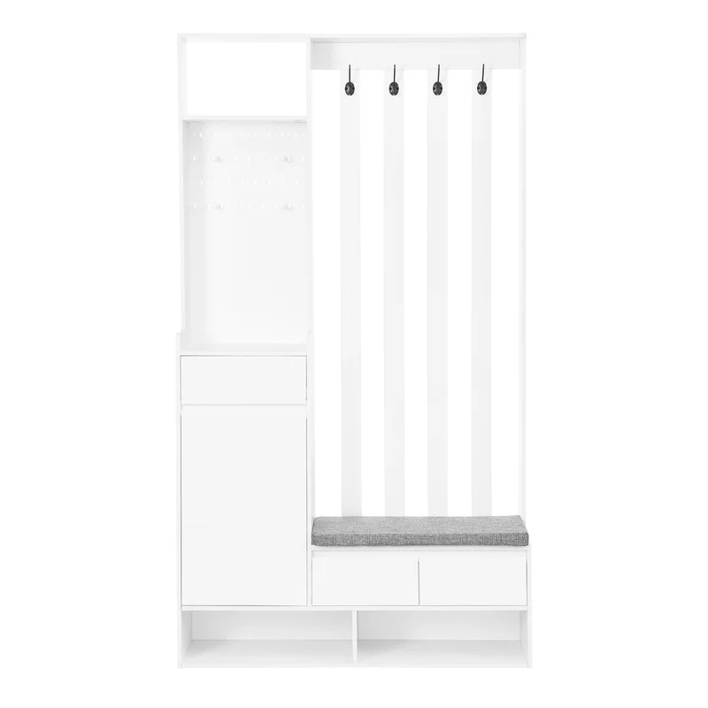 Vestiaire d’entrée blanc avec banc rembourré et panneau perforé 100x35x180cm