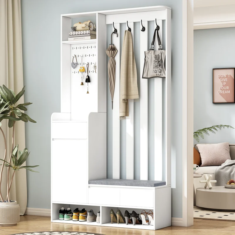 Vestiaire d’entrée blanc avec banc rembourré et panneau perforé 100x35x180cm