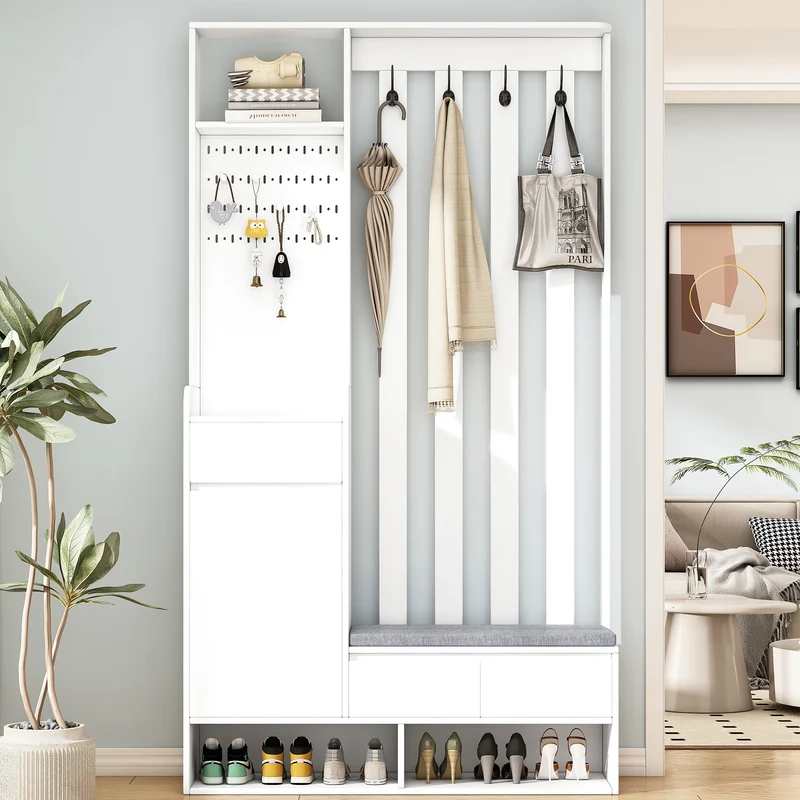 Vestiaire d’entrée blanc avec banc rembourré et panneau perforé 100x35x180cm