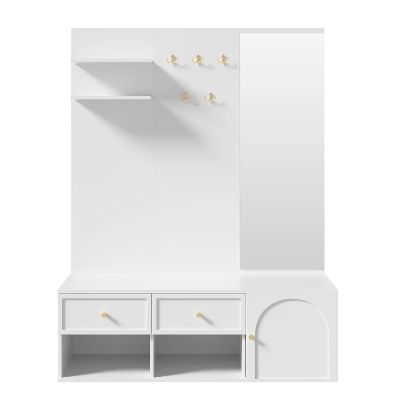 Vestiaire à l'entrée blanc avec miroir, banc et rangement chaussures 120cm