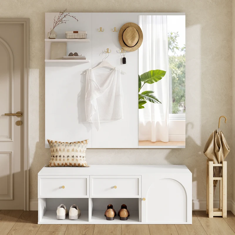 Vestiaire à l'entrée blanc avec miroir, banc et rangement chaussures 120cm