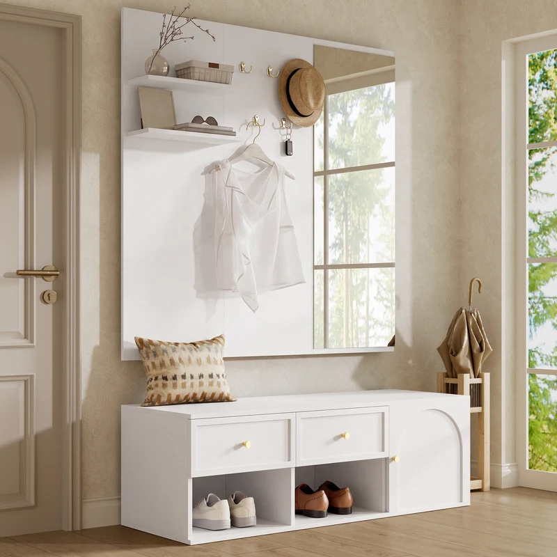 Vestiaire à l'entrée blanc avec miroir, banc et rangement chaussures 120cm