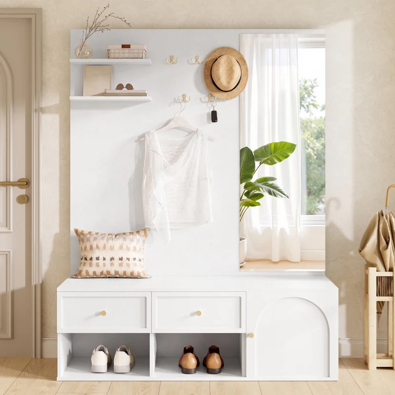 Vestiaire à l'entrée blanc avec miroir, banc et rangement chaussures 120cm