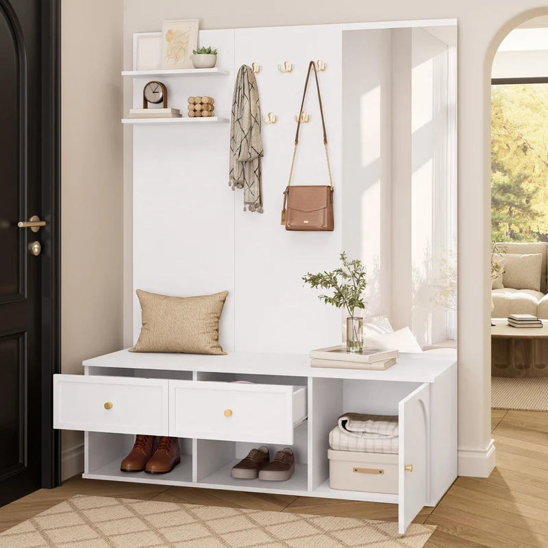 Vestiaire à l'entrée blanc avec miroir, banc et rangement chaussures 120cm