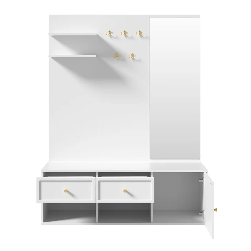 Vestiaire à l'entrée blanc avec miroir, banc et rangement chaussures 120cm