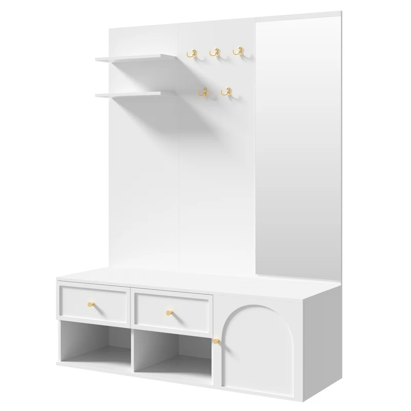 Vestiaire à l'entrée blanc avec miroir, banc et rangement chaussures 120cm