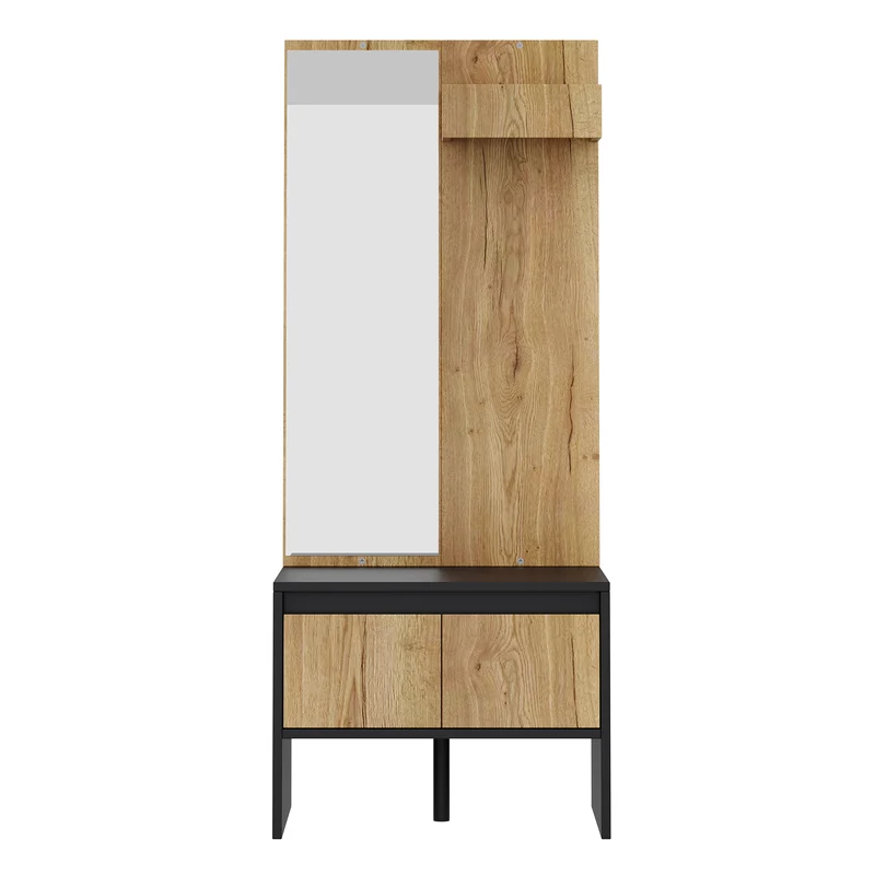Vestiaire à l'entrée avec miroir noir effet bois, banc à chaussures 2 tiroirs