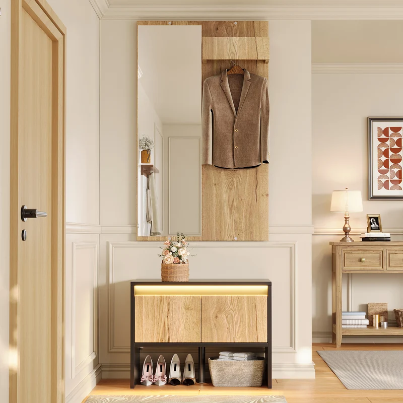 Vestiaire à l'entrée avec miroir noir effet bois, banc à chaussures 2 tiroirs