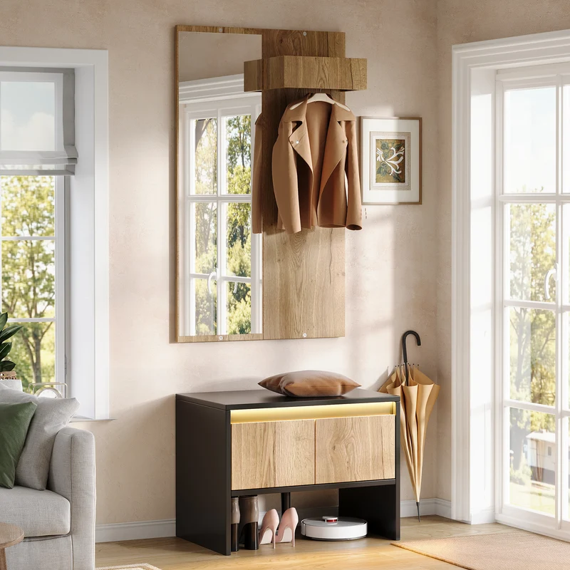Vestiaire à l'entrée avec miroir noir effet bois, banc à chaussures 2 tiroirs
