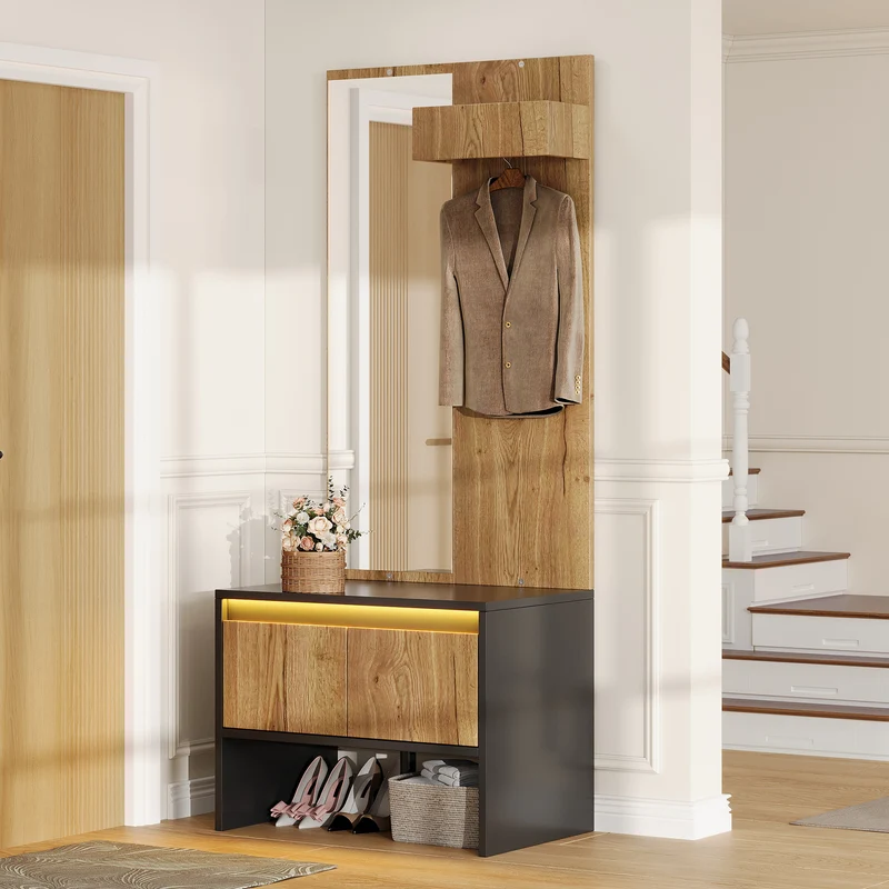 Vestiaire à l'entrée avec miroir noir effet bois, banc à chaussures 2 tiroirs