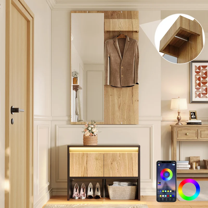 Vestiaire à l'entrée avec miroir noir effet bois, banc à chaussures 2 tiroirs