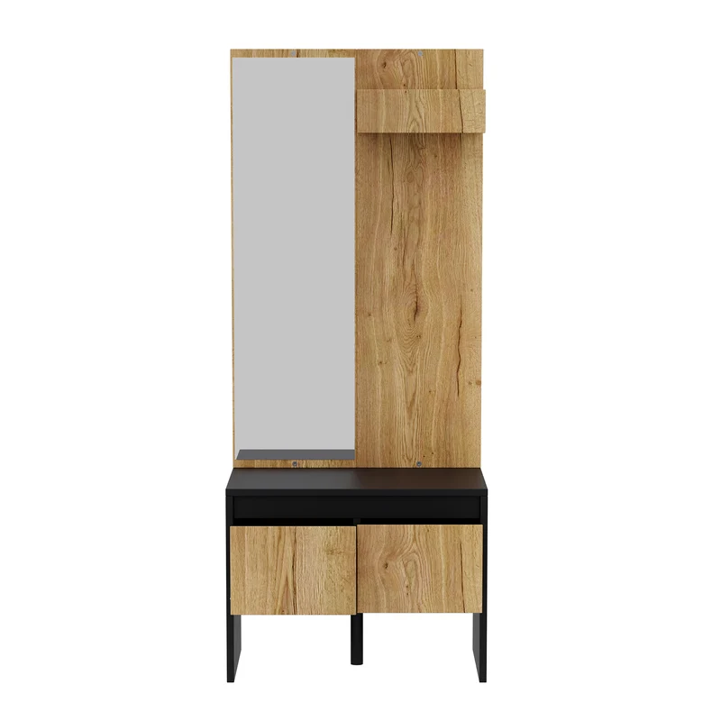 Vestiaire à l'entrée avec miroir noir effet bois, banc à chaussures 2 tiroirs