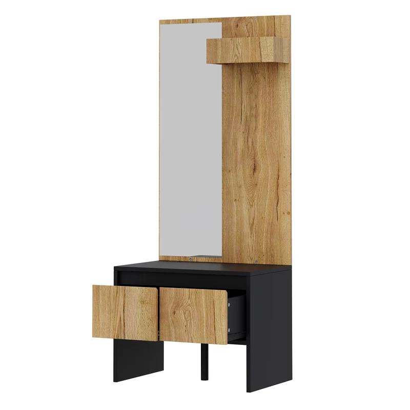Vestiaire à l'entrée avec miroir noir effet bois, banc à chaussures 2 tiroirs