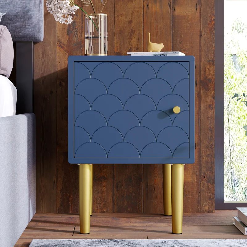 Table de chevet 1 porte battante bleu marine pies dorés H50/L35/P35 VIGNUIDS
