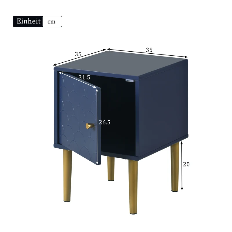 Table de chevet 1 porte battante bleu marine pies dorés H50/L35/P35 VIGNUIDS