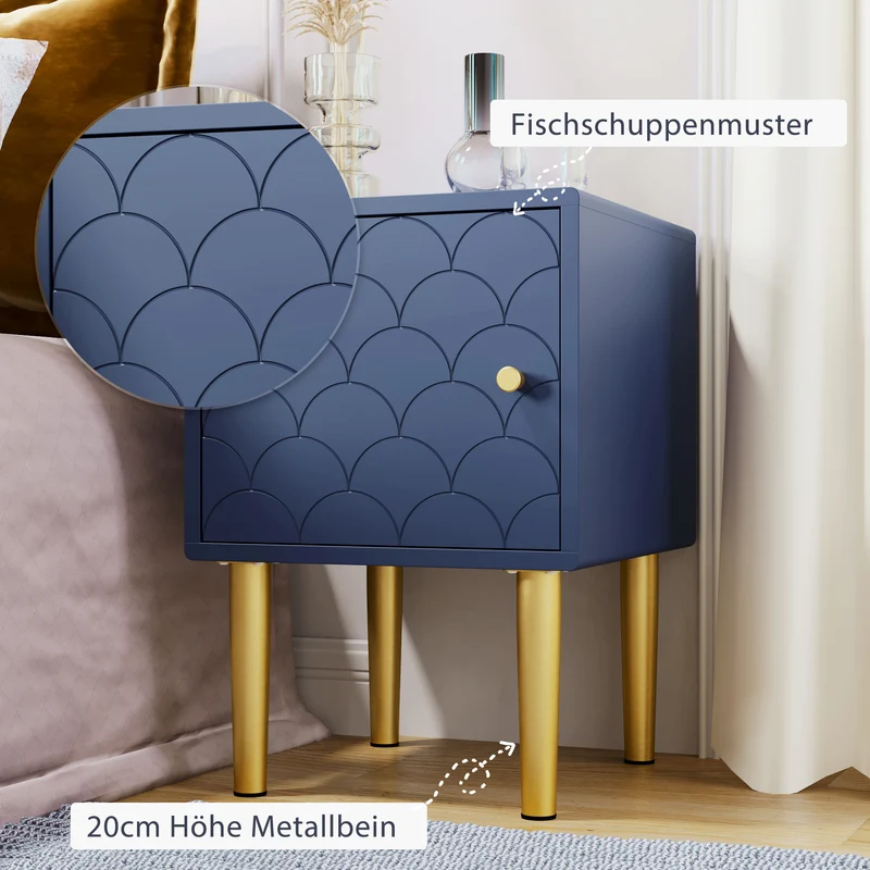 Table de chevet 1 porte battante bleu marine pies dorés H50/L35/P35 VIGNUIDS