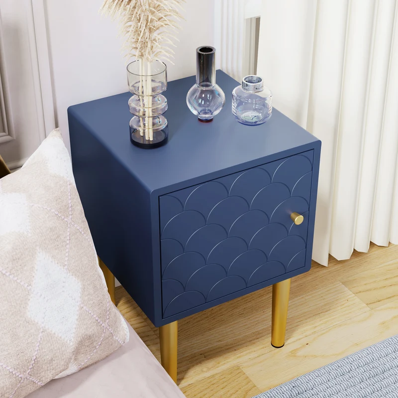 Table de chevet 1 porte battante bleu marine pies dorés H50/L35/P35 VIGNUIDS