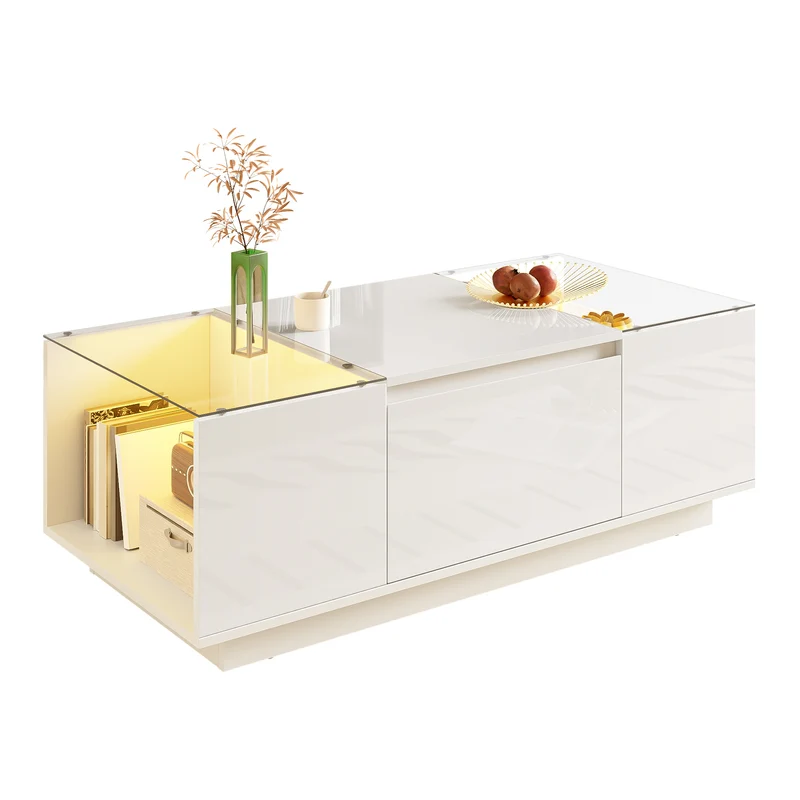 Table basse blanche avec LED 16 couleurs, 2 tiroirs et verre 105cm WALLWICKER