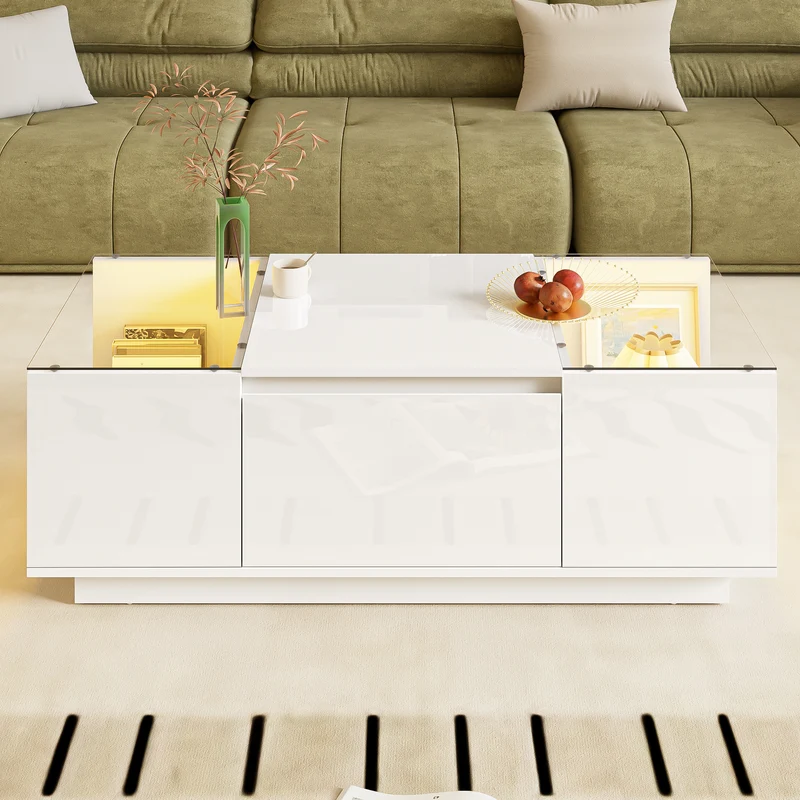Table basse blanche avec LED 16 couleurs, 2 tiroirs et verre 105cm WALLWICKER