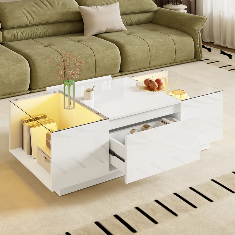 Table basse blanche avec LED 16 couleurs, 2 tiroirs et verre 105cm WALLWICKER