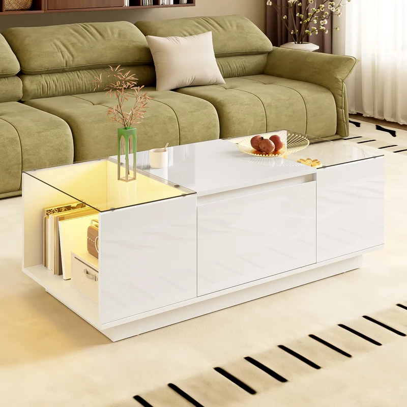 Table basse blanche avec LED 16 couleurs, 2 tiroirs et verre 105cm WALLWICKER