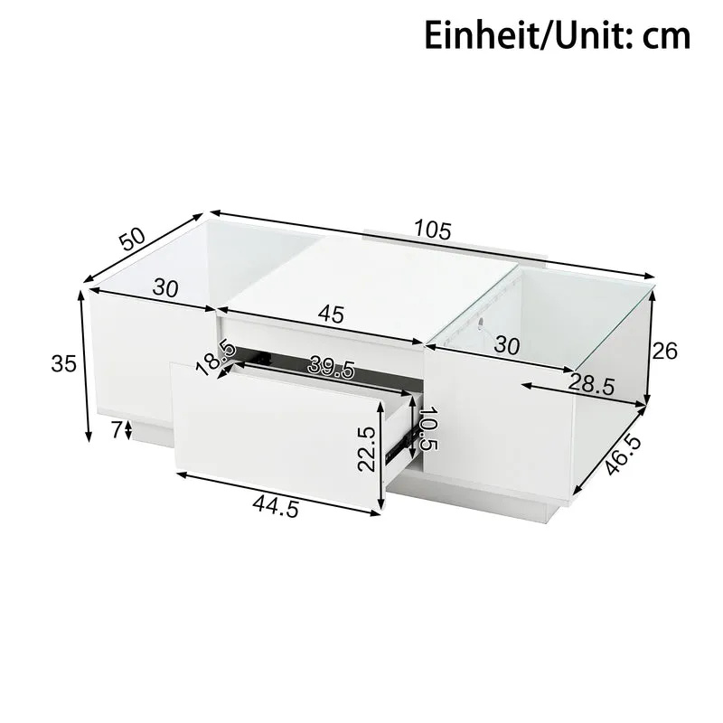 Table basse blanche avec LED 16 couleurs, 2 tiroirs et verre 105cm WALLWICKER