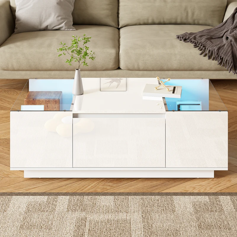 Table basse blanche avec LED 16 couleurs, 2 tiroirs et verre 105cm WALLWICKER