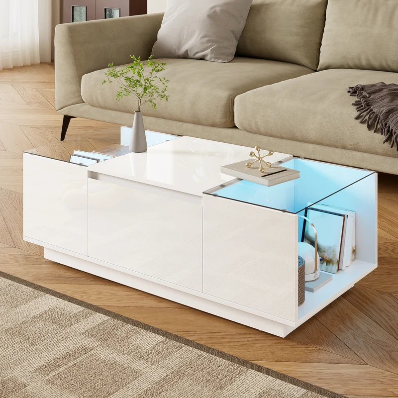 Table basse blanche avec LED 16 couleurs, 2 tiroirs et verre 105cm WALLWICKER