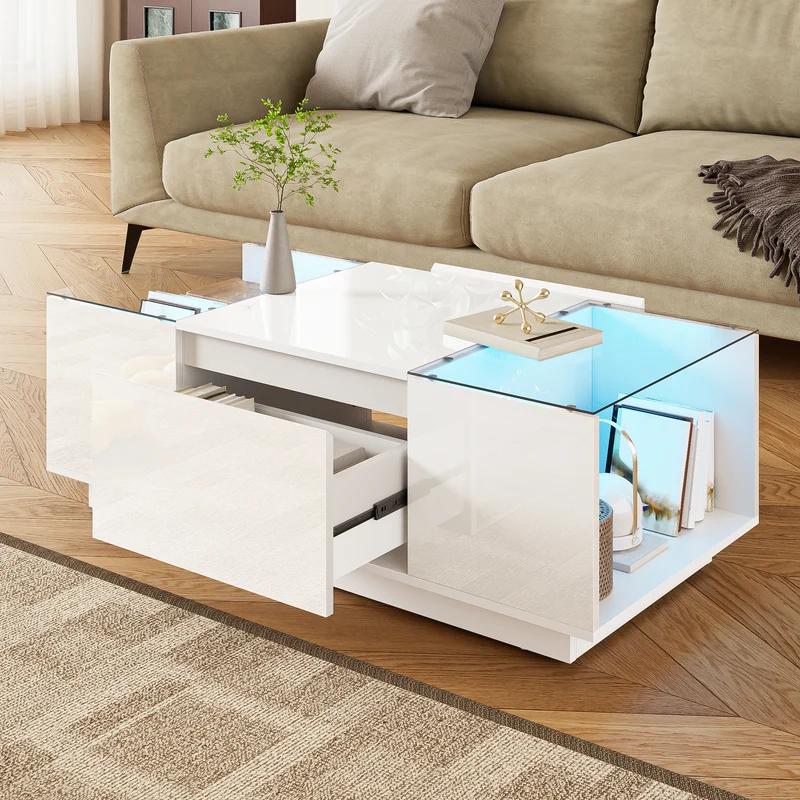 Table basse blanche avec LED 16 couleurs, 2 tiroirs et verre 105cm WALLWICKER