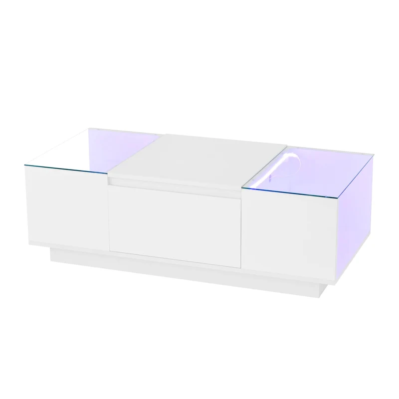 Table basse blanche avec LED 16 couleurs, 2 tiroirs et verre 105cm WALLWICKER