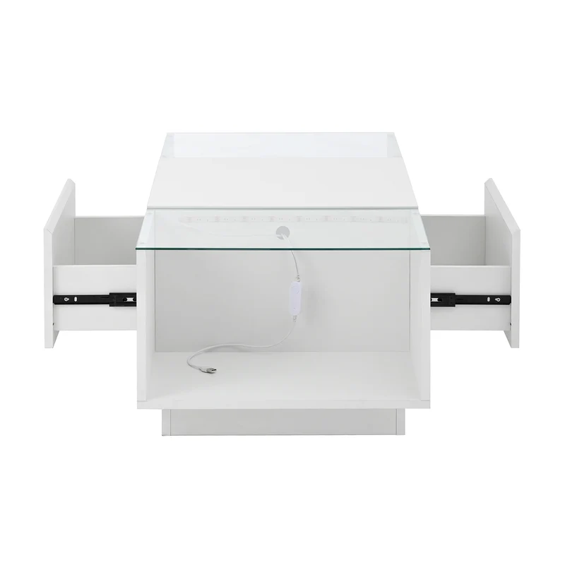 Table basse blanche avec LED 16 couleurs, 2 tiroirs et verre 105cm WALLWICKER