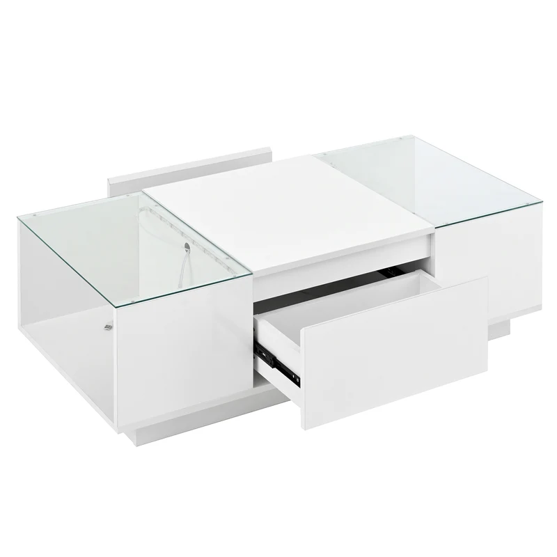 Table basse blanche avec LED 16 couleurs, 2 tiroirs et verre 105cm WALLWICKER