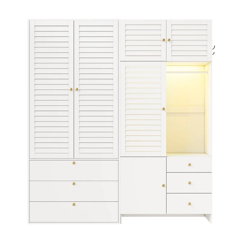 Armoire blanche style moderne, panier à linge, LED et 6 tiroirs 180x50x200cm AMBERSCREEN