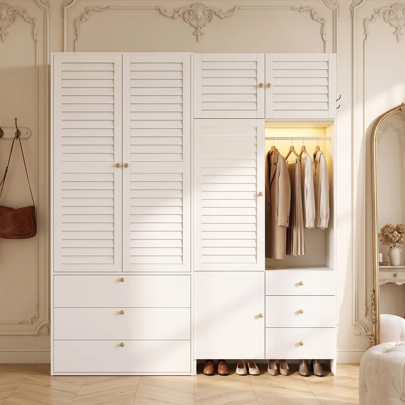 Armoire blanche style moderne, panier à linge, LED et 6 tiroirs 180x50x200cm AMBERSCREEN
