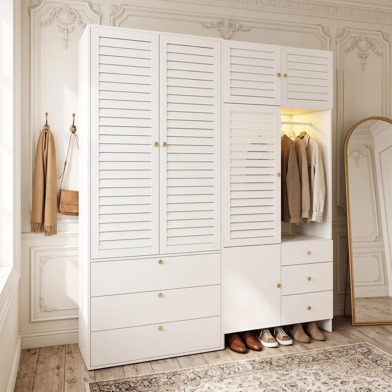 Armoire blanche style moderne, panier à linge, LED et 6 tiroirs 180x50x200cm AMBERSCREEN